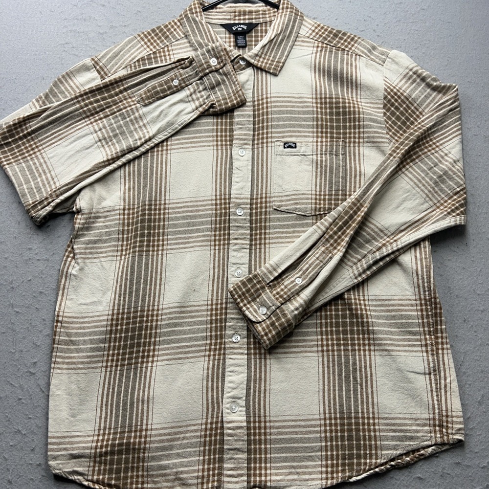 Billabong Coastline Flannel Shirt Men's L Brown Plaid Core Fit Skater Surf Shirt